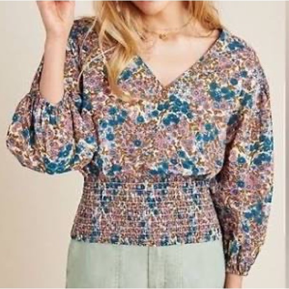 Anthropologie Maeve Odette Smocked Floral Top Size L - Picture 10 of 11